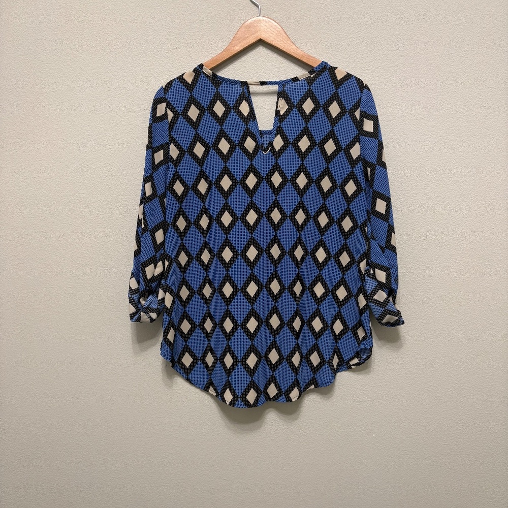 Papermoon Pleated Geometric Blouse Blue Black Cream Large EUC - Picture 8 of 9